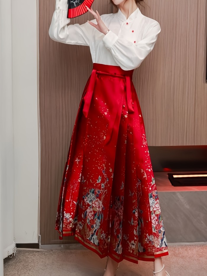 Vintage-Inspired Red Floral Pleated Skirt with Belt - High Waist, Non-Stretch Polyester, Machine Washable - Perfect for All Seasons