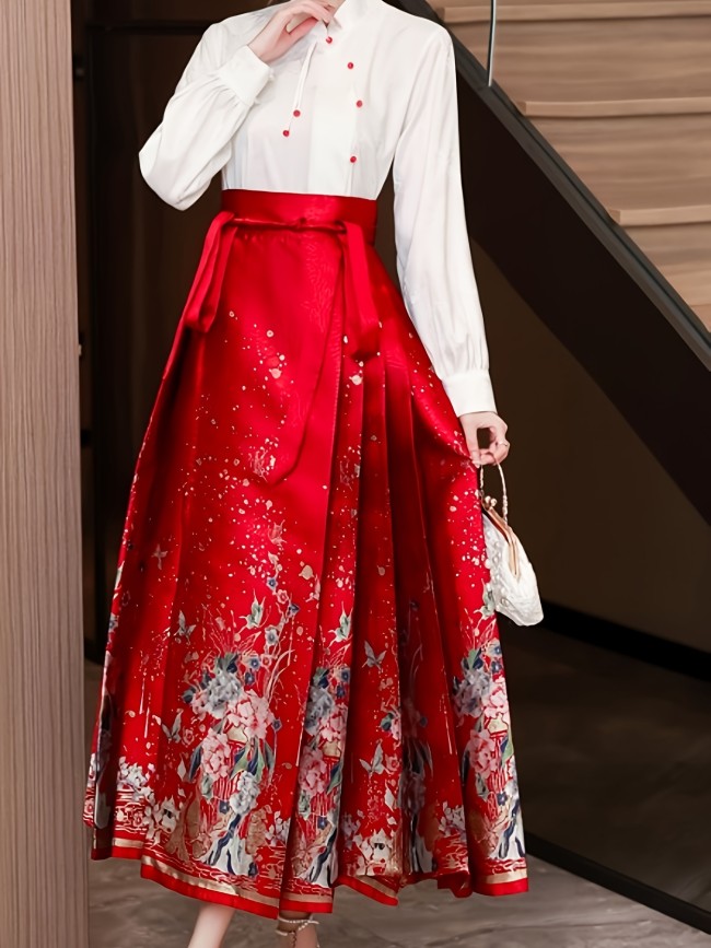 Vintage-Inspired Red Floral Pleated Skirt with Belt - High Waist, Non-Stretch Polyester, Machine Washable - Perfect for All Seasons