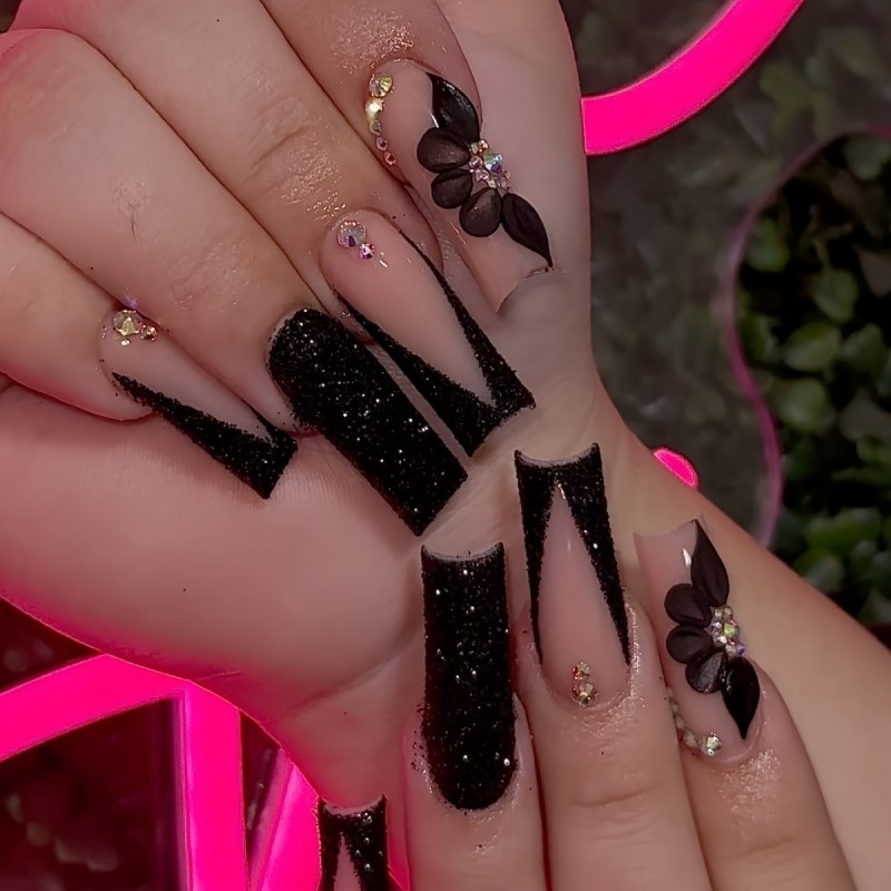 24pcs Long Square Press On Nails With Rhinestones, Black Glitter Fake Nails,Full Cover French Tip False Nails For Women And Girls Including Nail File And Jelly Glue