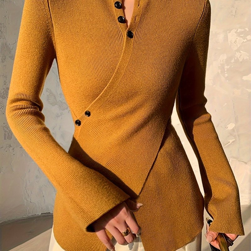 Elegant Crisscross Notch Neck Acrylic Sweater - Long Sleeve, Mid Elasticity, Button Decor, Solid Color, Hand Washable - Perfect for Spring & Fall, Womens Customized Knit Fabric Clothing