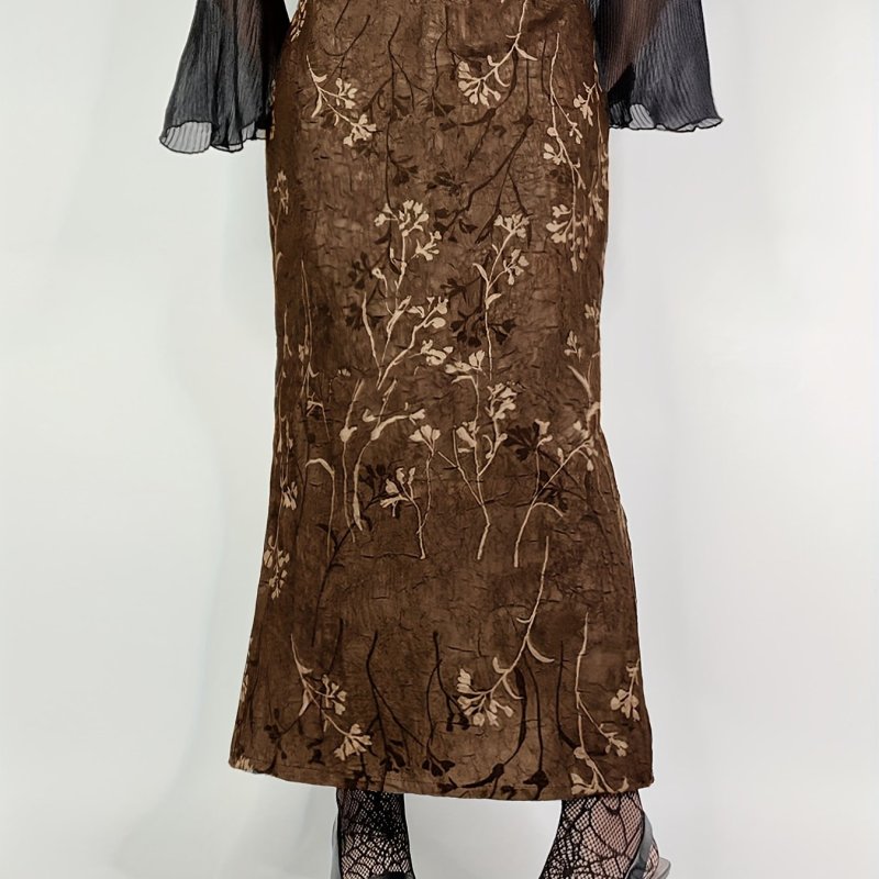 1pc French Romantic High-Waisted Midi Skirt, Polyester Floral Print with Side Slit, All-Season Knit Fabric Skirt for Vacation