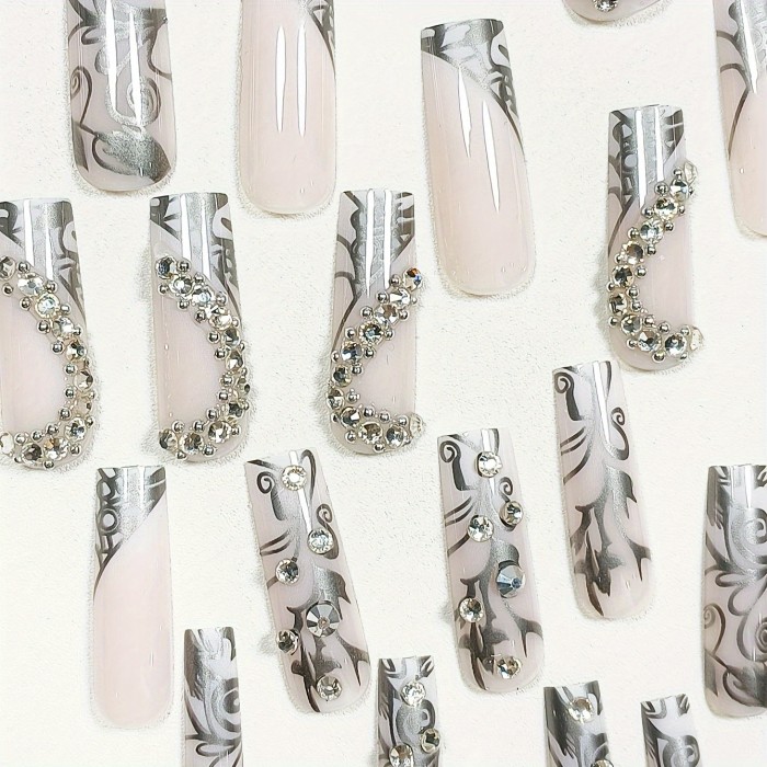24pcs Luxurious Glossy Square False Nails - Chic Nude with Sparkling Silver Stripe & Dazzling 3D Heart Rhinestones - Romantic Press-On Design for Women Girls