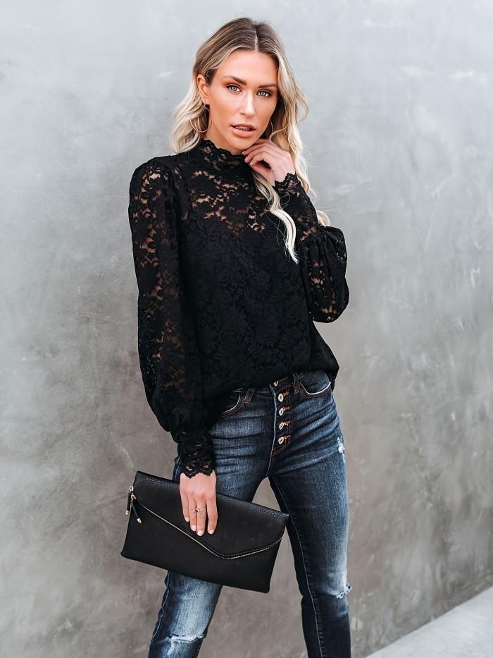 Elegant Floral Lace Top - Semi-Sheer, Mock Neck, Long Sleeve, Solid Pattern, Spring & Fall Essential - Women's Clothing for Chic Style