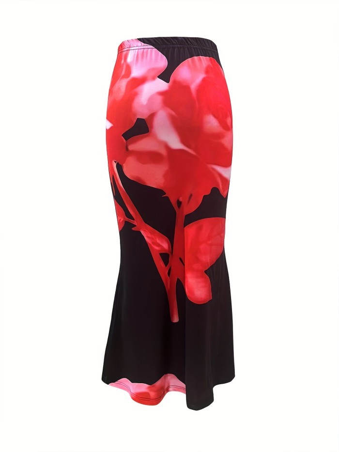 Floral Print Low Waist Mermaid Hem Skirt, Elegant Slim Fit Maxi Skirt For Spring & Summer, Women's Clothing