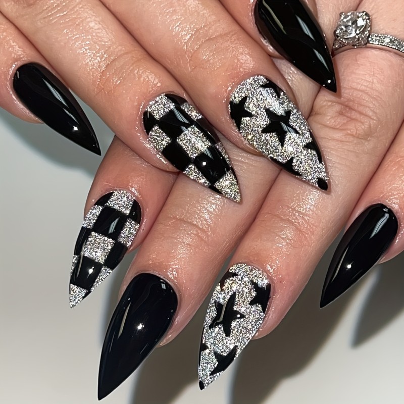 24 Pcs Black & Silver Glitter Star Colorblock Long Almond Shaped Press On Nails - Glossy Finish, False Nail Set for Women, French Style Manicure Kit for Sparkling Holiday Nail Art