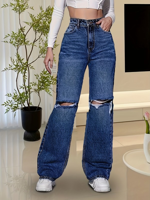 Vintage Chic Ripped Straight Leg Denim Jeans - Washed Blue, Casual Style, Zipper Button Closure, Stretchy Fabric, Comfortable Fit - Women's Fashion Denim Pants & Clothing