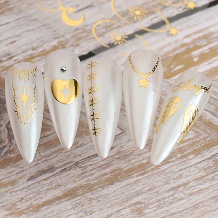 Bronzing Nail Stickers, Angel Wings Star Moon Necklace Nail Decals, Polished Sliver Golden Pattern Manicure Accessories
