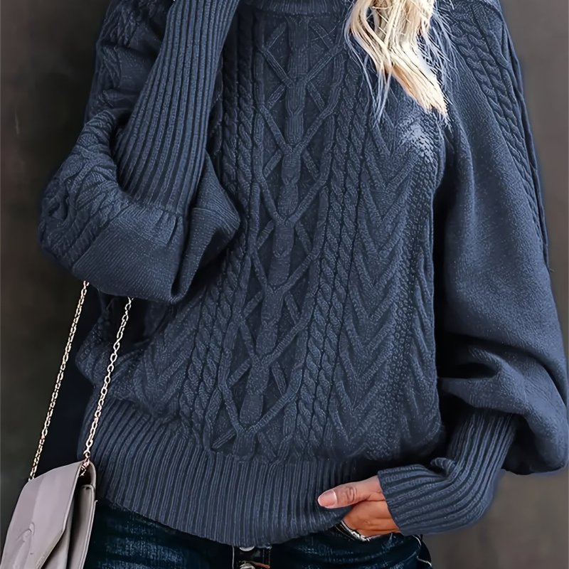 Cozy Cable Knit High Neck Sweater - Soft Mid-Elasticity Polyester Fabric, Elegant Drop Shoulder Design, Long Sleeve, Solid Color, Perfect for Fall & Winter, Womens Clothing