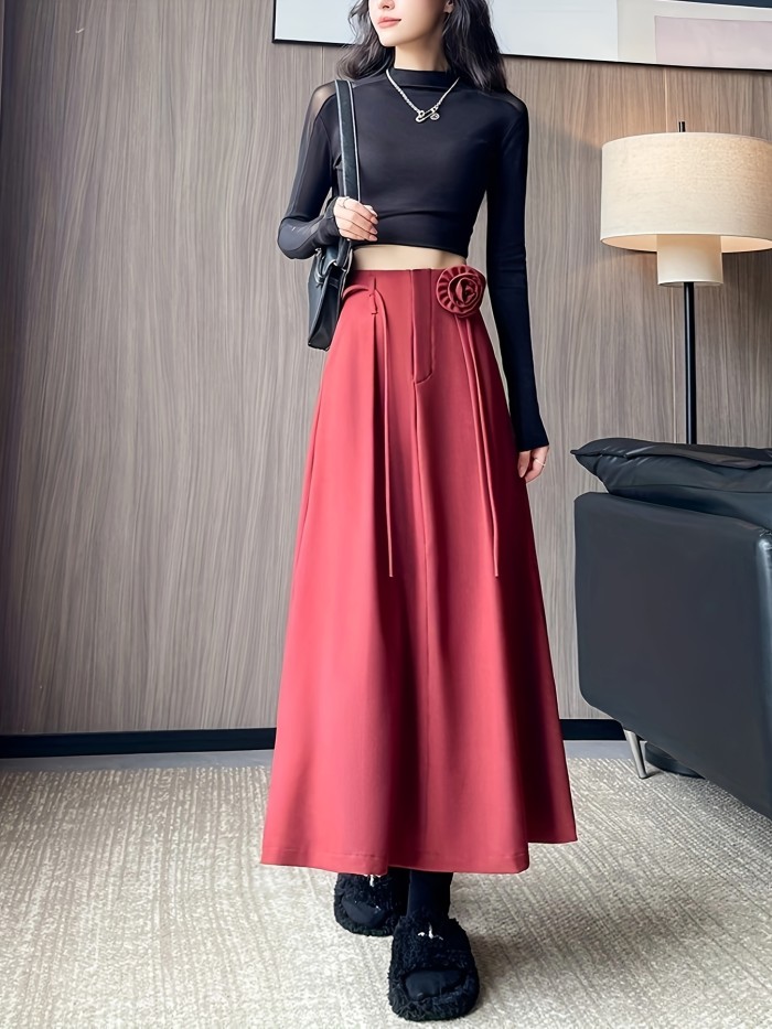 Hemlock Floral High-Waist A-Line Midi Skirt, Polyester Blend, Solid Color, Spring\u002FFall, with Zipper Detail, for Women, Young Style Woven Skirt