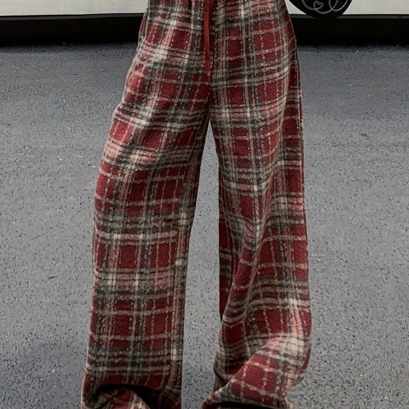1pc Women'S Plaid Drawstring Elastic Waist Wide Leg Pants, Polyester Woven Fabric with Pockets, Versatile for All Seasons - Adult Casual Loose Fit Trousers
