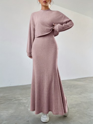 Elegant Ribbed Dress Set - Women's Dress Suits with Crew Neck Long Sleeve Top & Maxi Tank Dress Outfits, Soft Solid Color, Comfortable, Versatile, and Chic Clothing for Everyday Wear