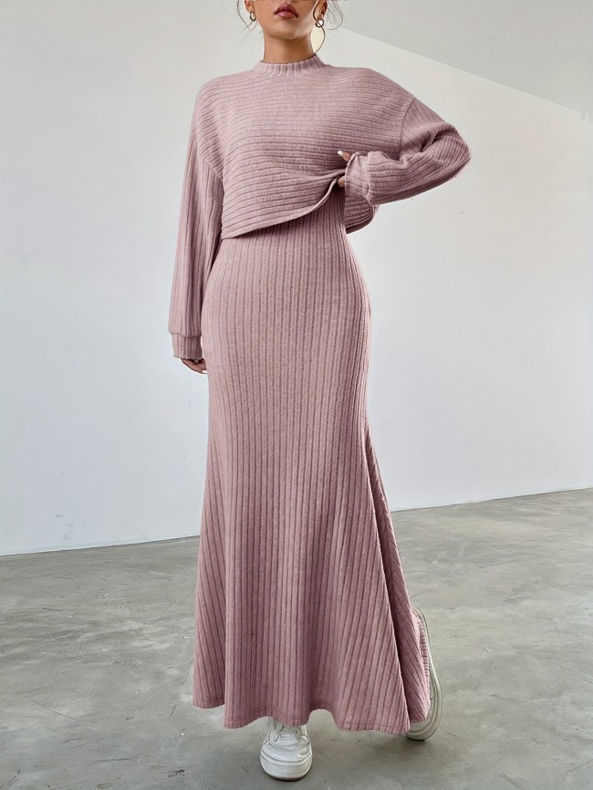 Elegant Ribbed Dress Set - Women's Dress Suits with Crew Neck Long Sleeve Top & Maxi Tank Dress Outfits, Soft Solid Color, Comfortable, Versatile, and Chic Clothing for Everyday Wear
