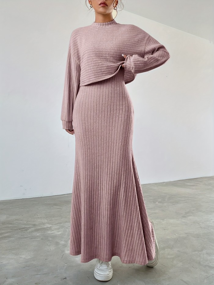 Elegant Ribbed Dress Set - Women's Dress Suits with Crew Neck Long Sleeve Top & Maxi Tank Dress Outfits, Soft Solid Color, Comfortable, Versatile, and Chic Clothing for Everyday Wear