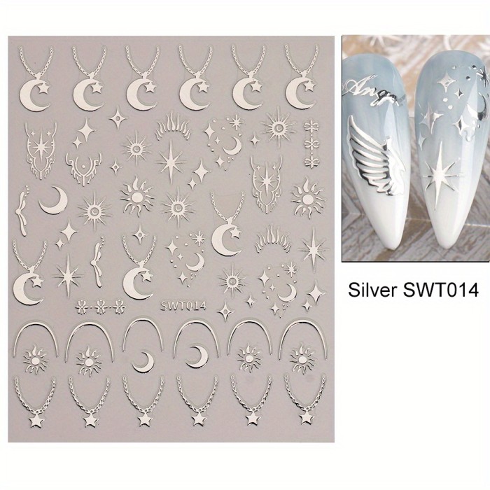 Bronzing Nail Stickers, Angel Wings Star Moon Necklace Nail Decals, Polished Sliver Golden Pattern Manicure Accessories