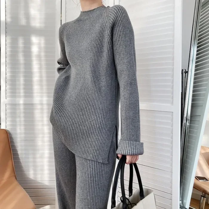 Fashion Ribbing Texture Round Neck Solid Color Two-piece Suit