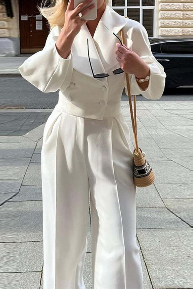 Work Street Solid Pocket Buttons Turndown Collar Long Sleeve Two Pieces(4 Colors)