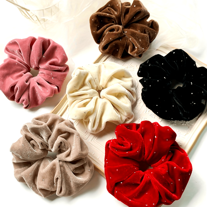 6-Pack Velvet Hair Scrunchies for Women - Elegant & Cute Fabric Hair Ties with Hollow Design & Sequin Embellishments, Solid Colors, Suitable for Daily Wear, Hair Accessories for Ages 14+