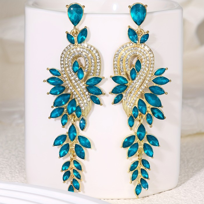 Geometric Rhinestones Decor Long Leaf Dangle Earrings