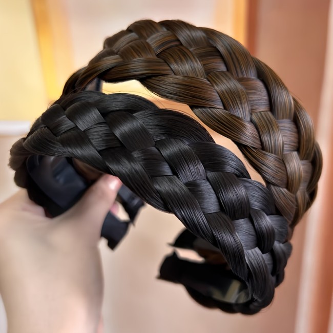 Elegant Fishbone Braid Headband - Wide, Non-Slip Hair Accessory with Synthetic Handcrafted Fluffy Bun & Braided Clips