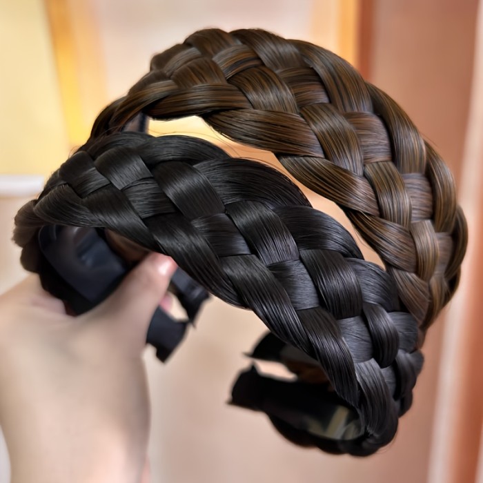 Elegant Fishbone Braid Headband - Wide, Non-Slip Hair Accessory with Synthetic Handcrafted Fluffy Bun & Braided Clips