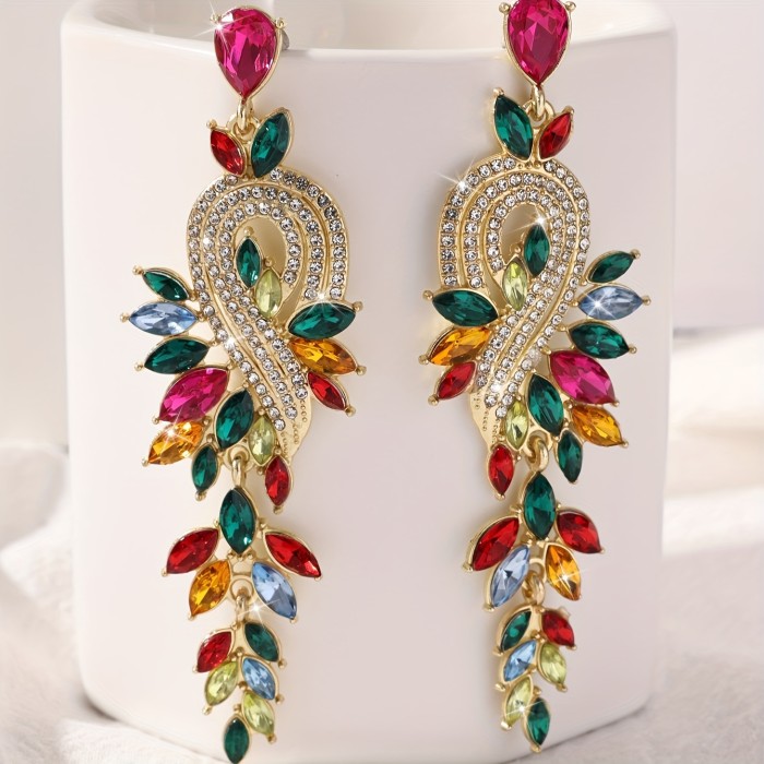 Geometric Rhinestones Decor Long Leaf Dangle Earrings