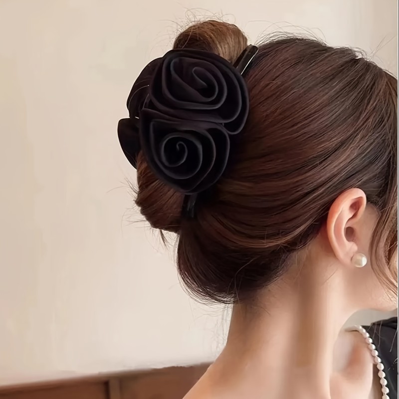 Elegant Vintage Fabric Rose Hair Claw Clip - Big Bow Shape Flower Hair Accessory for Women and Girls - Valentine's Day Gift Suitable for Age 14+ - Single Piece Color Matching Hairpin.