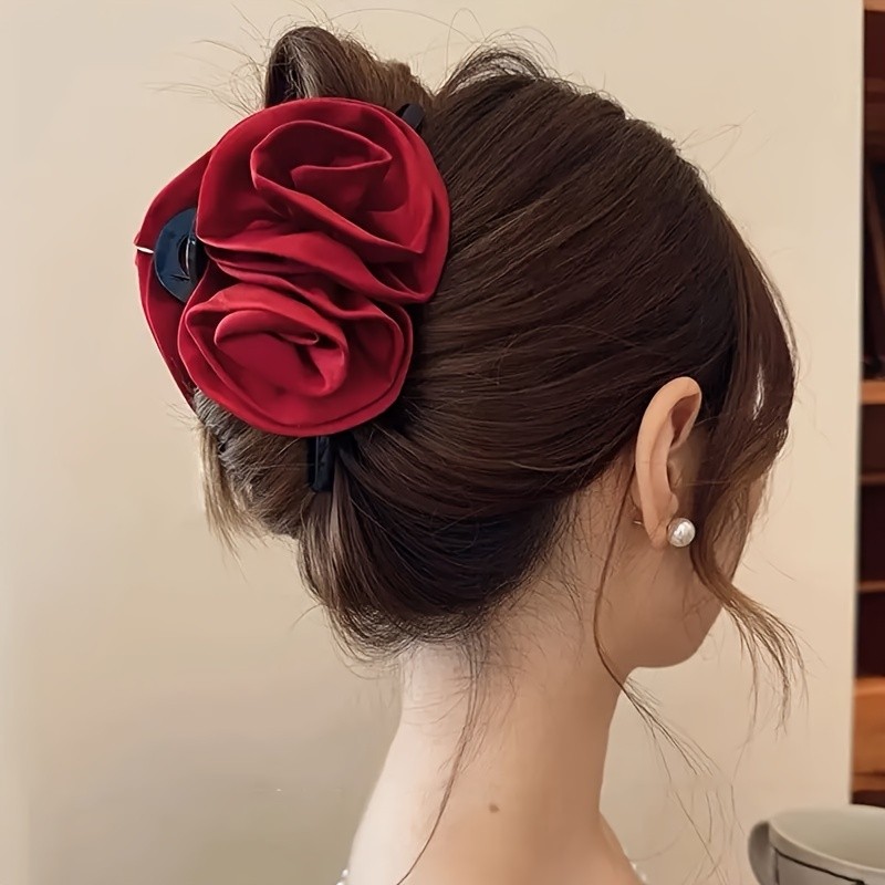 Elegant Vintage Fabric Rose Hair Claw Clip - Big Bow Shape Flower Hair Accessory for Women and Girls - Valentine's Day Gift Suitable for Age 14+ - Single Piece Color Matching Hairpin.