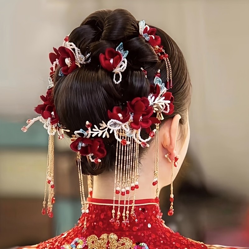 Chinese Style Hairpins Vintage Red Velvet Flowers Beaded Hairpins Exquisite Tassel Hair Clips Women daily use Hair Styling Accessories