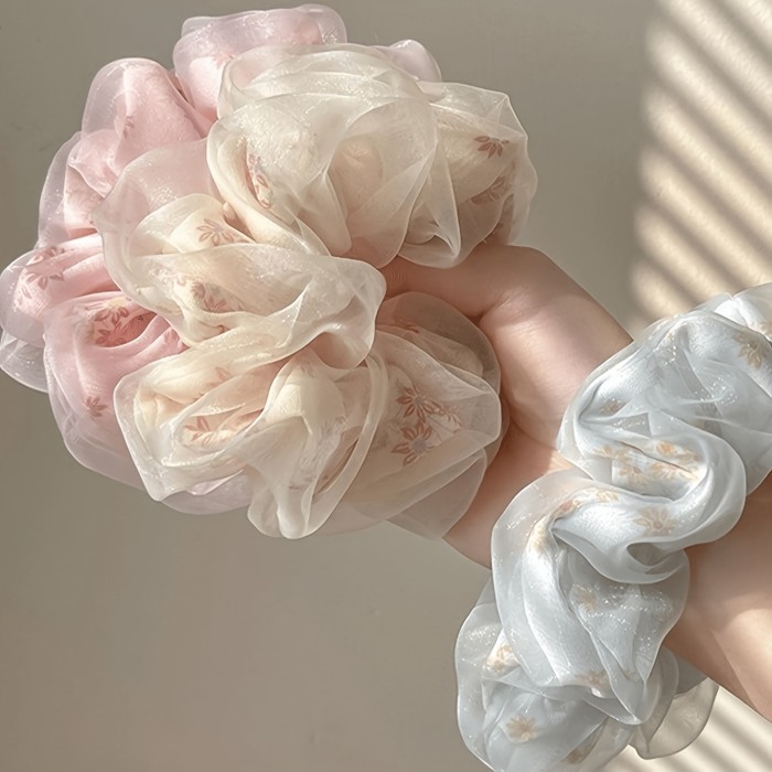 3pcs Elegant Mesh Scrunchie Set - Sweet & Chic Hair Ties for Women, Colorful Floral Design