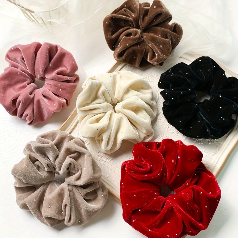 6-Pack Velvet Hair Scrunchies for Women - Elegant & Cute Fabric Hair Ties with Hollow Design & Sequin Embellishments, Solid Colors, Suitable for Daily Wear, Hair Accessories for Ages 14+