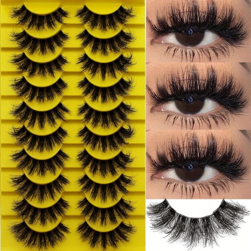 Jieshm 3D Russian Strip Fluffy False Eyelashes, 10 Pairs Set, Thick Volume Messy Lashes, Unscented, Pair Form, Lightweight Handmade Fake Lashes for Dramatic Look
