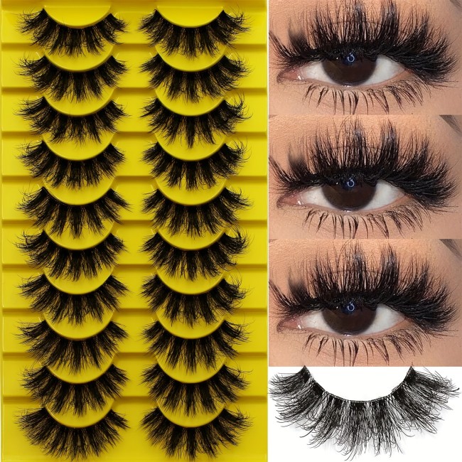 Jieshm 3D Russian Strip Fluffy False Eyelashes, 10 Pairs Set, Thick Volume Messy Lashes, Unscented, Pair Form, Lightweight Handmade Fake Lashes for Dramatic Look