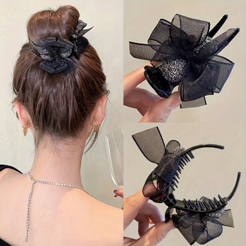 1pc Elegant Vintage Black Bow Hair Claw with Rhinestone Accents, Plastic Middle-Sized Hair Clip for Ponytail and Bun Hairstyles, Color Matching Hair Accessory for Valentine'S Day - Single Piece