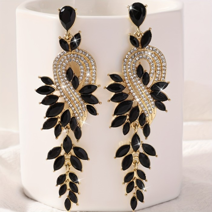 Geometric Rhinestones Decor Long Leaf Dangle Earrings