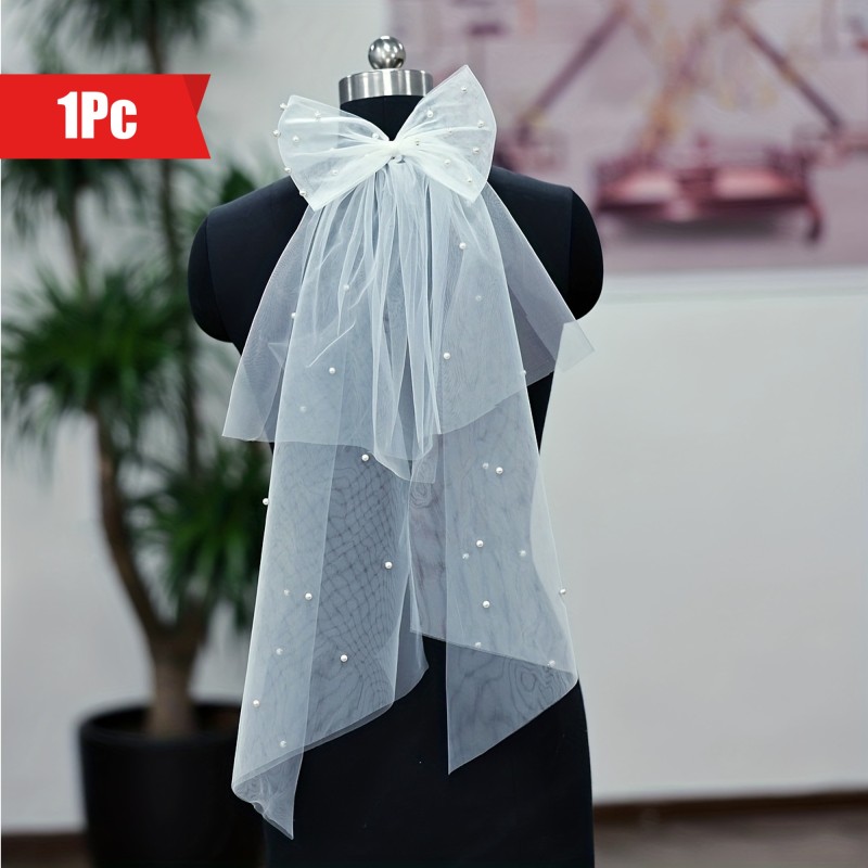 1pc Elegant White Head Veil - Bridal Wedding Veils with Duck Billed Clips, Long Faux Pearl Inlaid Design, Exquisite Wedding Accessory for Brides