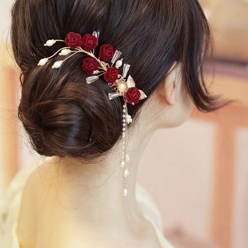 Elegant Red Rose Hairpin with Pearl Tassel: Perfect for Festive Occasions - Iron Alloy Material