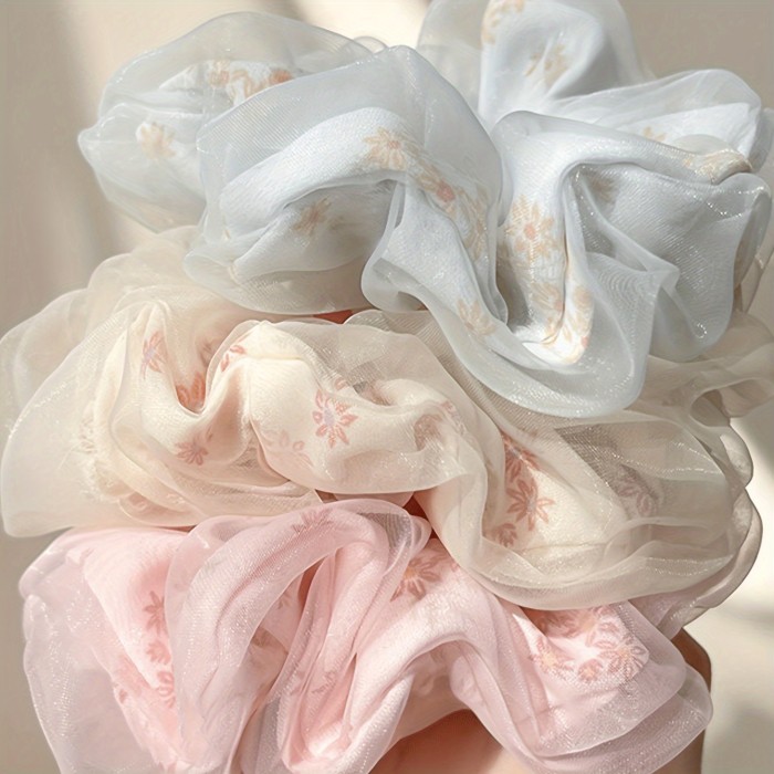 3pcs Elegant Mesh Scrunchie Set - Sweet & Chic Hair Ties for Women, Colorful Floral Design