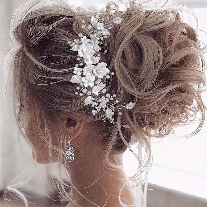 1Pc Exquisite Flower Bride Wedding Hair Vine - Pearl Embellished, Rhinestone Studded, Leaf-Shaped Bridal Hair Piece and Headband for Women, Perfect for Daily Use and Special Occasions
