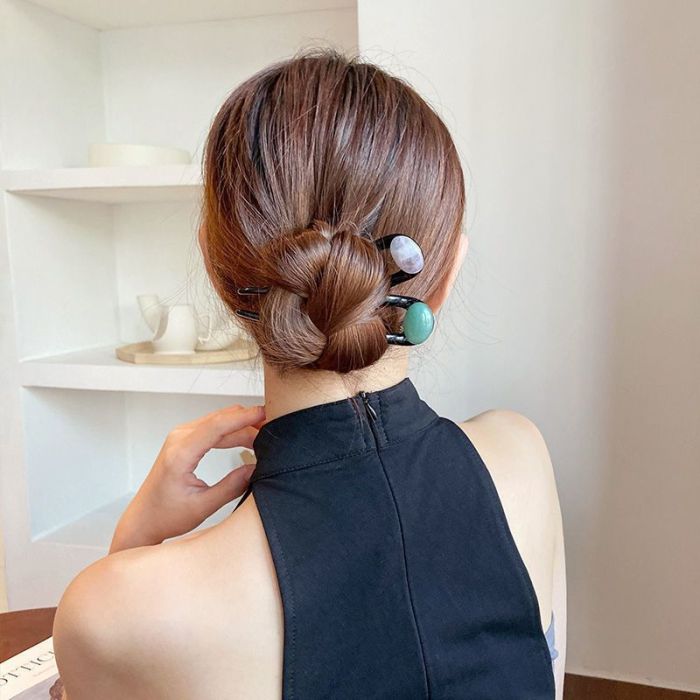 Hair Stick, Women's Elegant Accessory, Green & Pink Natural Stone Inlay, Simple Hair Pin For Updos, Versatile For Daily Wear And All Occasions