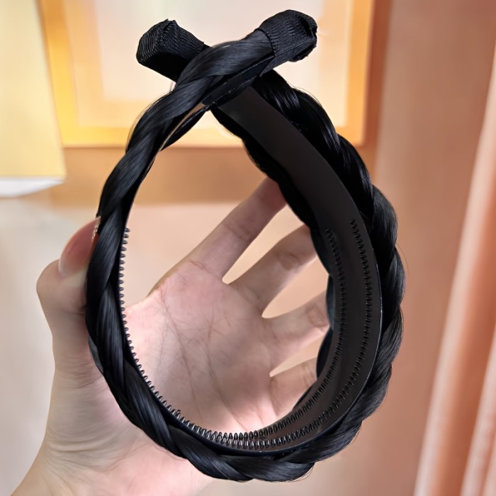 Elegant Fishbone Braid Headband - Wide, Non-Slip Hair Accessory with Synthetic Handcrafted Fluffy Bun & Braided Clips