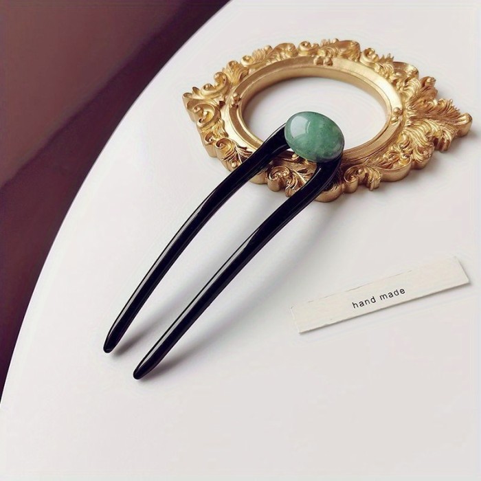 Hair Stick, Women's Elegant Accessory, Green & Pink Natural Stone Inlay, Simple Hair Pin For Updos, Versatile For Daily Wear And All Occasions