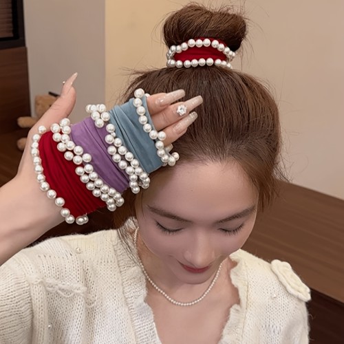 20\u002F10\u002F5 Women Ponytail Rope Retro Style Hair Accessories, Fake Pearl Edge Hair Ring, Shiny Rhinestone Decoration, Light Color Mixed, Red Purple Green Hair Ring, Suitable for Holiday Party Daily Wear