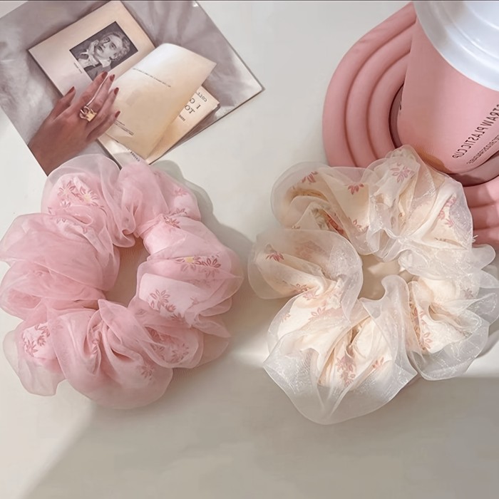 3pcs Elegant Mesh Scrunchie Set - Sweet & Chic Hair Ties for Women, Colorful Floral Design