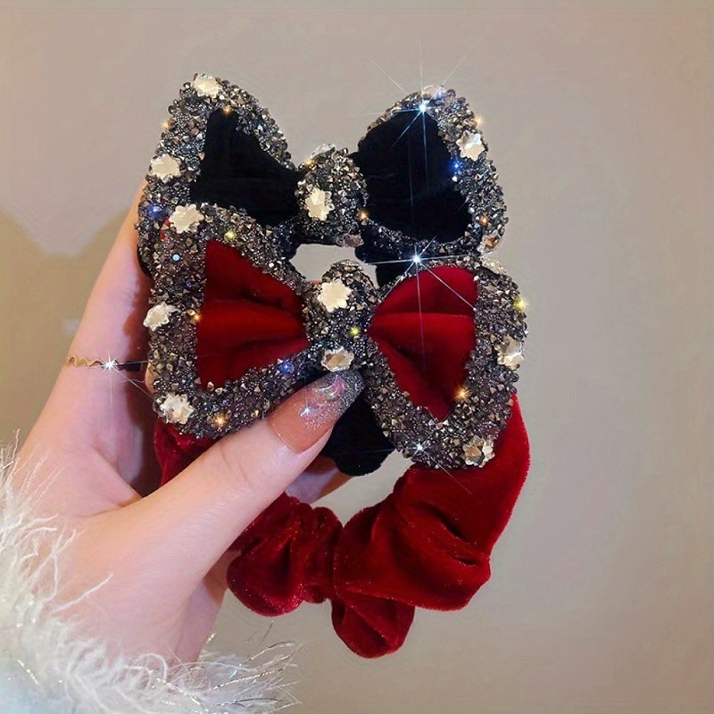 2-Pack Velvet Rhinestone Bow Hair Ties - Elegant Soft Ponytail Holder for Women, Ideal for Festive Season Outdoor Dcor