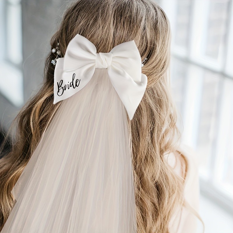 Bride Bowknot Veil, 1pc, White Satin, \