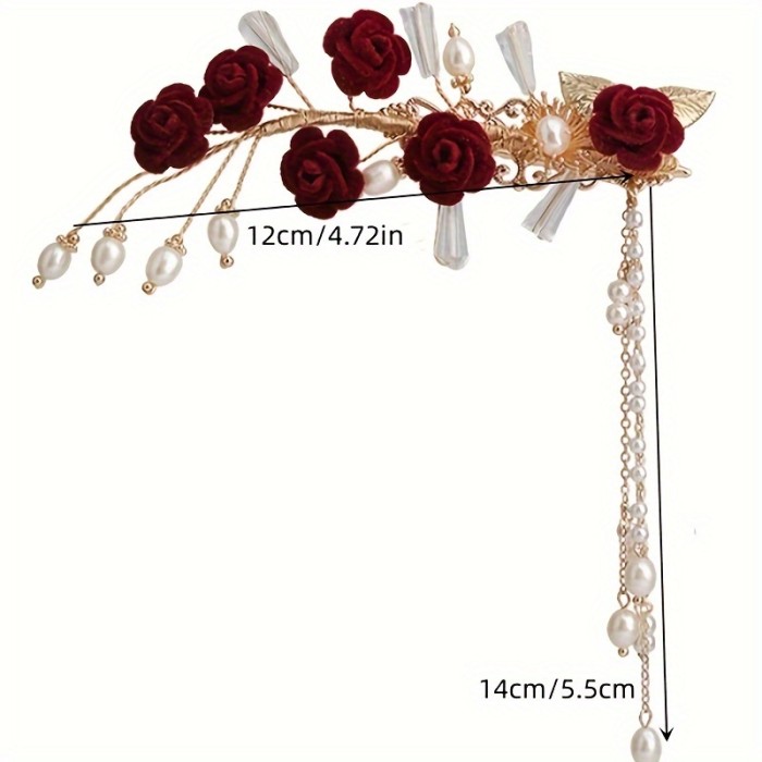 Elegant Red Rose Hairpin with Pearl Tassel: Perfect for Festive Occasions - Iron Alloy Material
