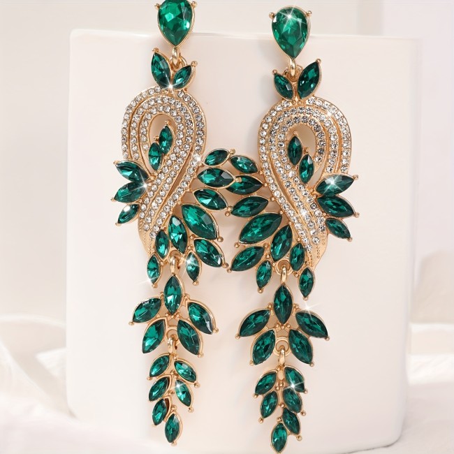 Geometric Rhinestones Decor Long Leaf Dangle Earrings