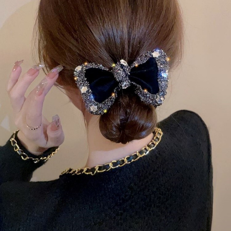 2-Pack Velvet Rhinestone Bow Hair Ties - Elegant Soft Ponytail Holder for Women, Ideal for Festive Season Outdoor Dcor
