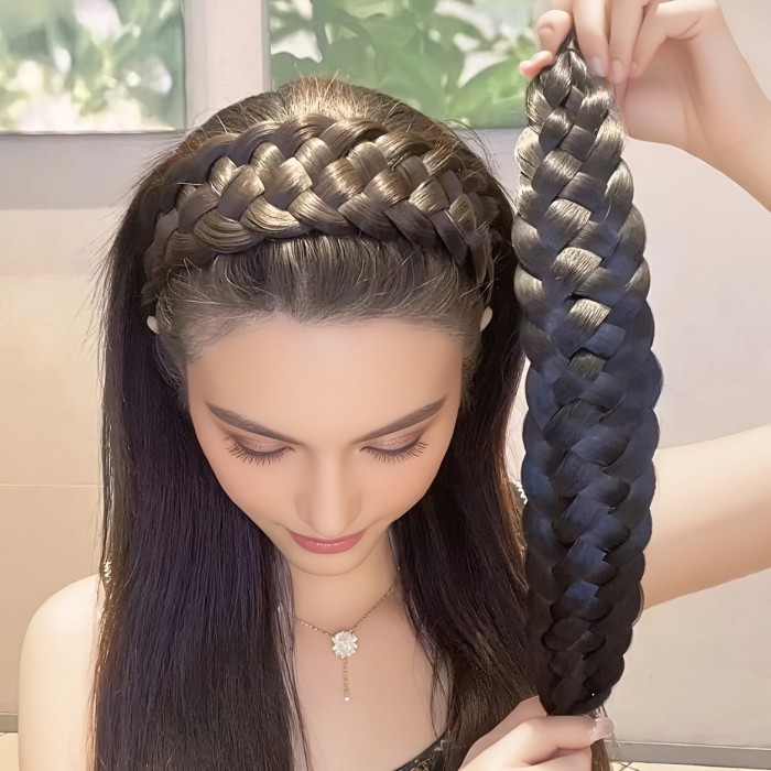 Elegant Fishbone Braid Headband - Wide, Non-Slip Hair Accessory with Synthetic Handcrafted Fluffy Bun & Braided Clips