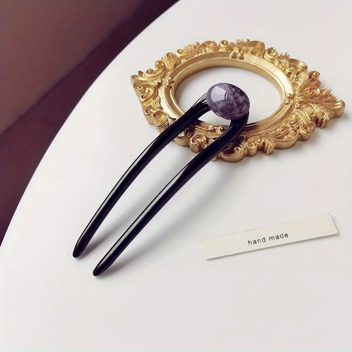 Hair Stick, Women's Elegant Accessory, Green & Pink Natural Stone Inlay, Simple Hair Pin For Updos, Versatile For Daily Wear And All Occasions